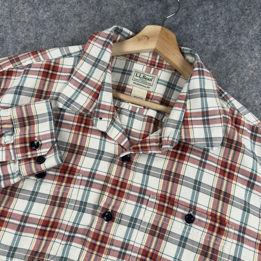 L.L.Bean‎ Lakewashed Twill Shirt Mens Large Red Green Plaid Traditional Fit